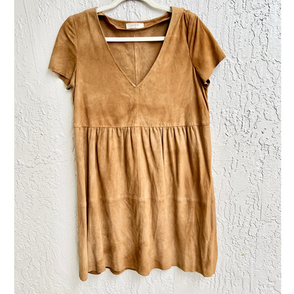 Ba&Sh Short Sleeve Goat Suede Leather V-Neck Mini Dress Beige Women's 2 / Medium - Picture 3 of 11